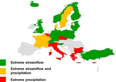 Figure 2.2 Overview of countries with reported trend studies on extreme streamflow, extreme precipitation or both