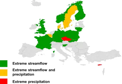 Figure 3.2  Overview of countries with reported studies on projection of extreme streamflow, extreme precipitation or both