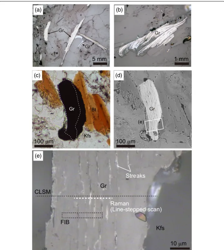Fig. 1 Photomicrograph of the analyzed graphite. a, b Graphite grains under reflected light