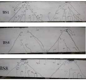 Fig. 4.  Crack Patterns and Failure Zones of Tested Beams BS1, BS4, and BS8 