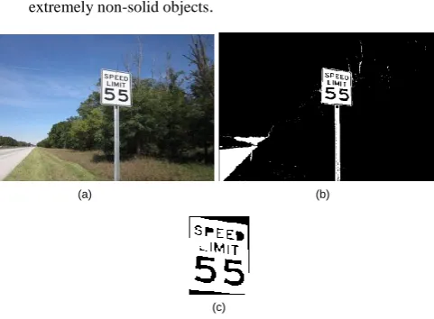 Figure 3: Shape detection process of speed sign. a) original frame. b) segmented frame