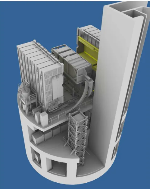Figure 9: ND280 detector complex. The oﬀthe magnet are located on the upper level; horizontal INGRIDmodules are located on the level below; and the vertical IN--axis detector andGRID modules span the bottom two levels.