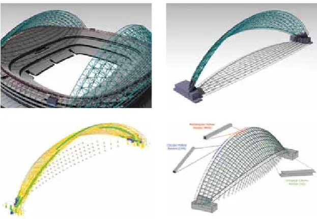 Fig 5  3D Virtual model of the roof structure (TOP). Finite element analysis model and sample member  grouping with associated section types (BOTTOM)
