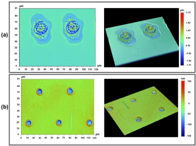 Fig. 1.1: The craters generated by single ultrashort pulses (observed in (a), while the results in (b) shows a perfectly clean surface with much less silicon wafer