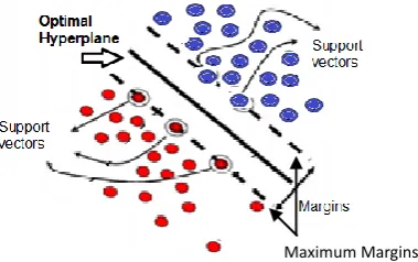 Fig 3. Optimal hyperplane separating the two classes and support vectors 