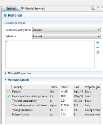 Fig 2.23 Material properties and coefficients 