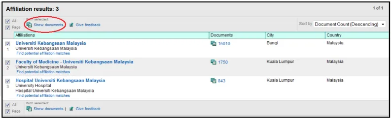 Figure 3: The capture of affiliation search in Scopus database 