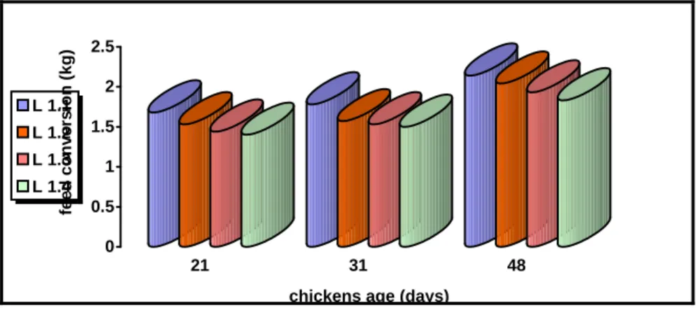 Figure 2. Average feed conversion by lots and age in experiment 