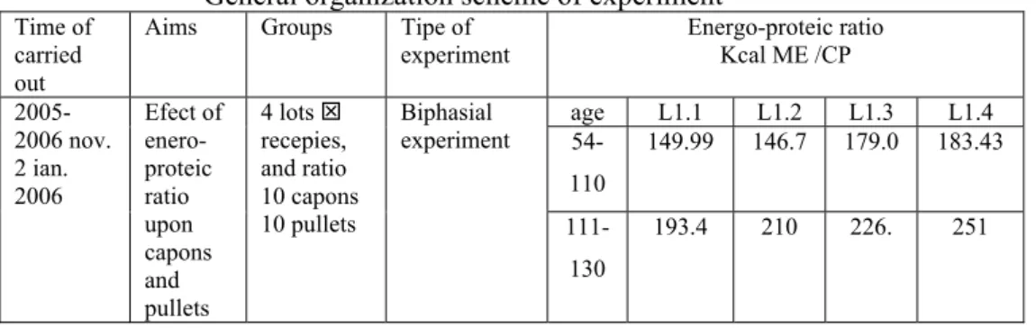 Table 1 General organization scheme of experiment 
