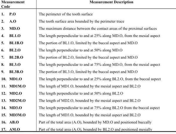 Table 2 Variables measured from the occlusal view of each tooth.
