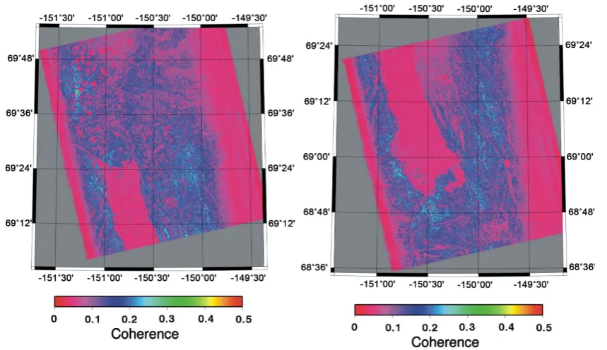 Figure 5. ALOS PALSAR InSAR coherence maps. Relatively higher coherence (surface scatters) occurs on rock outcrops (ridges and river bluffs) and low coherence (volume scatters) occurs on tundra vegetation active-layer