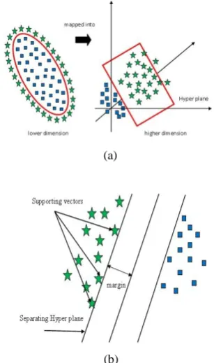 Fig. 6 Overview of SVM    (a) non-linear problem,  (b) linear problem 