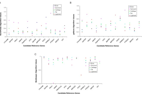 Figure 2Reference gene stability measures as determined by: 2Agene stability). 2C. The Bestkeeper algorithm (with a higher value indicating increased reference gene stability)