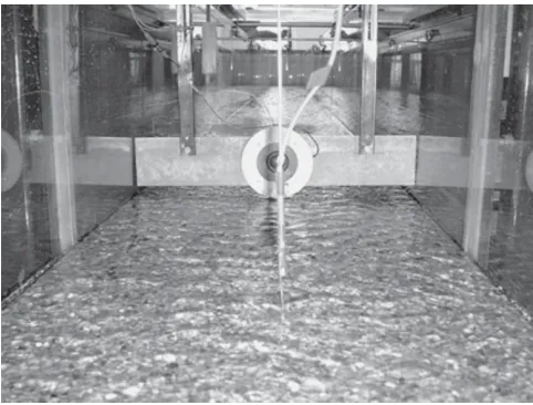 Figure 2. The experimental arrangement of the acoustic equipment, showing the microphone mounted on a thin rod from theﬂume rails in the foreground and the circular tweeter mounted on a horizontal traverse in the background