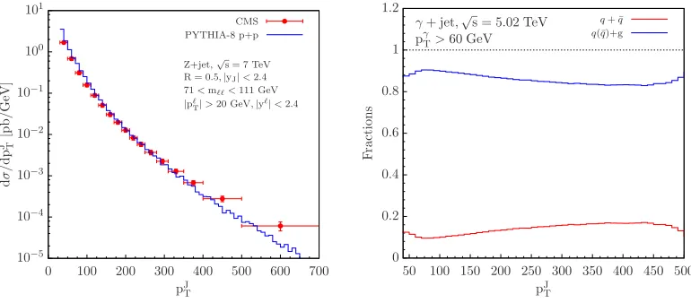 Figure 1. Left panel: Pythia 8 simulations are compared to CMS measurements of√ Z0+jet production in p+pcollisions at the LHC at √s = 7 TeV