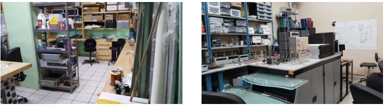 Figure 2. Left, layout of the planned mini four wire chamber. Main components –electronic boards and Alu-minum frames- are shown