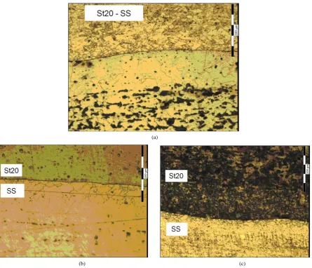 Figure 8. Microstructure of components of the solid-phase bonding steel C22E-SS (×200): (a) On interface of layer joining; (b) Interface after annealing at 500˚C during 10 h (×500); (c) Interface after annealing at 500˚C during 10 h after durable etching (