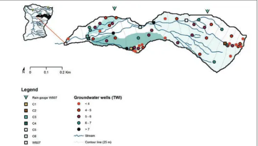 Figure 5. The Studibach (WS07) catchment (20 ha), the six nested sub-catchments (C1: 0.2 ha  to C6: 12 ha) and the location of the 51 groundwater monitoring wells