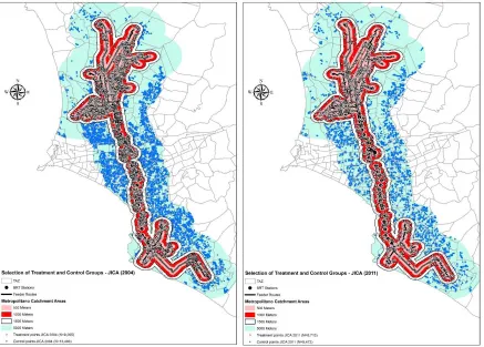 Figure 1. Selection of treatment and control areas. Source: This study using JICA, 2007 OD survey data and Protransporte, 2015