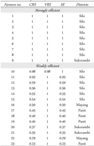 Table 3.  Comparison of CRS, VRS, and SE (strongly efficient  and weakly efficient) 