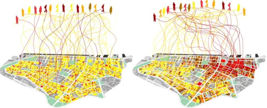 Figure 9. Diagram of agents converging in a ﬁctitious, nearly random distribution (left), and in a real,patterned one (right).