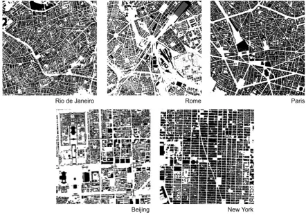 Figure 4. Spatial distributions in real cities (9, 000, 000 m2 windows, 1000 × 1000 cells), extracted fromGoogle My Maps