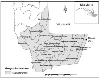 Figure 1. Study area showing the Lower Eastern Shore sub-watersheds of Maryland.         