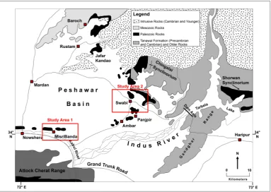 Figure 1. A generalized geological map of eastern Peshawar Basin showing the study areas [14]