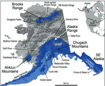 Figure 1. Map of Alaska showing extent of LGM ice in blue (Kaufman  et al., 2011) and key place  names mentioned in text; inset shows LGM ice sheet extent in North America (Dyke  et al., 2003).