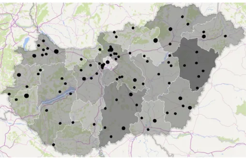 Figure 2. Location of the enterprises operating in the dairy manufacturing sector and the share of dairy  herd by county  (Data source: HCSO ) 