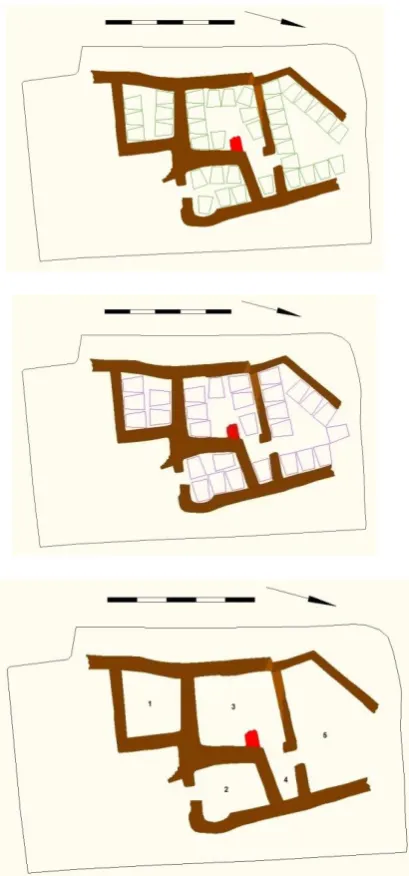 Figure 5.6: Plan of level 6a with numbered spaces (bottom left). Also showing modelled maximum capacities of Size A (top) and Size B (middle) adults sitting cross-legged and sleeping (left and right respectively) in level 6a