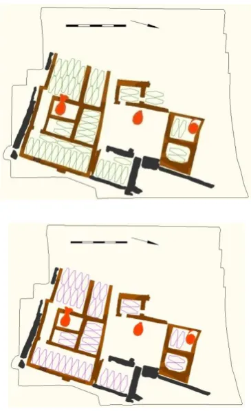 Figure 5.8: Modelled maximum capacities of Size A (top) and Size B (middle) adults sitting cross-legged and sleeping (left and right respectively), and modelled capacity for goats (bottom left) in the earliest phase of level 5