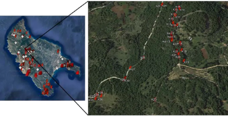 Figure 3. On the left, recordings in study area (white points: recordings in 2015 and red points:  recordings in 2016