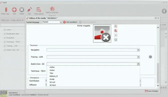 Figure 5. Assign the taxonomies (LOM, DC, TECH) to the image in the Rubedo system (KDB  Back Office screenshot) 