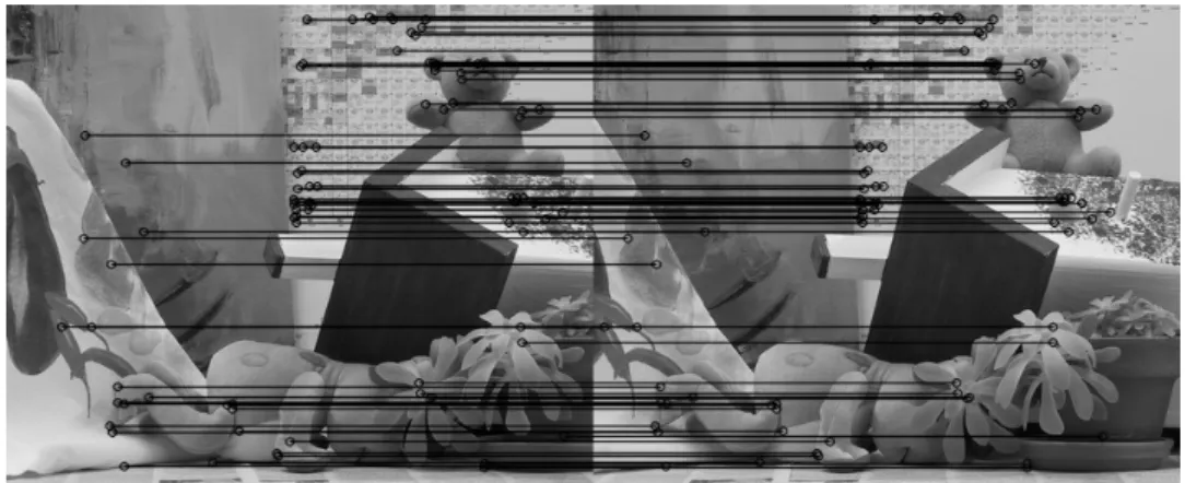 Figure 2.4: Example of sparse stereo correspondence using a feature extractor. Lines show the location of the point in both images