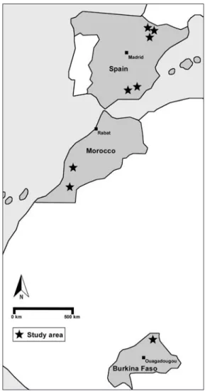 Figure 1. Location of the study sites. Black lines show national boundaries  