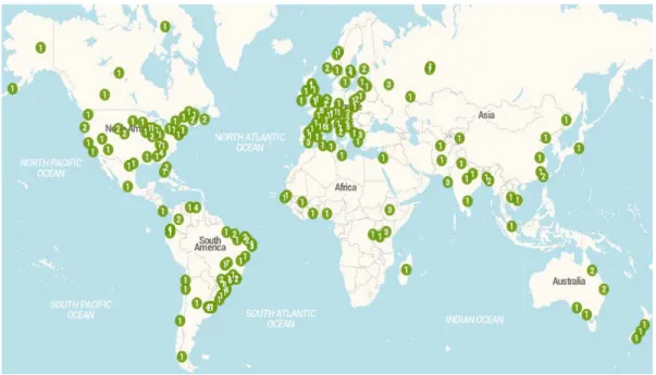 Figure 1 shows a world map showing the individual points in which research institutes have been  published, and the numbers show how many scientific articles have been generated in a given city