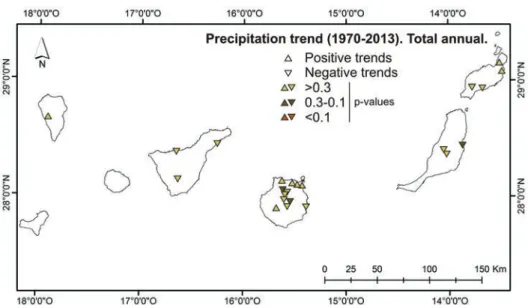 Figure 4. Annual precipitation trends in the 23 series considered (1970-2013).