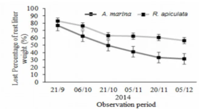 Figure 1. The average change (±) standard deviation of the decomposition rate of  A. marina  and  R