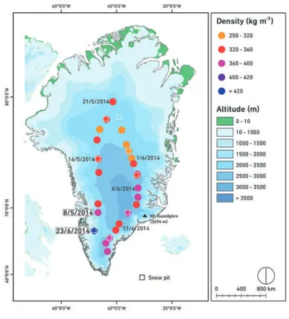 Figure 7 shows the bulk snow density for the upper 1 m of the snowpack for  the 25 measurement points