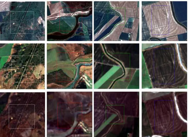 Figure 2. Sample sites; from right to left NO1-NO4; from up to down on K3-S2-L8 RGB composites  It  might  be  observed,  that  the  primer  diversity  of  the  samples  is  decreasing  from  NO1  to  NO4,  while NO1-2 are basically of the same extent, NO3