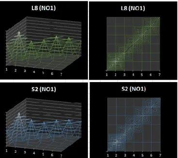 Figure 6. Surface and contour line representation of adjacency matrices of NO1 sample site  On Figure 6 surface model of adjacency table and contour line representation of adjacency relations  can be seen (surface model from above)