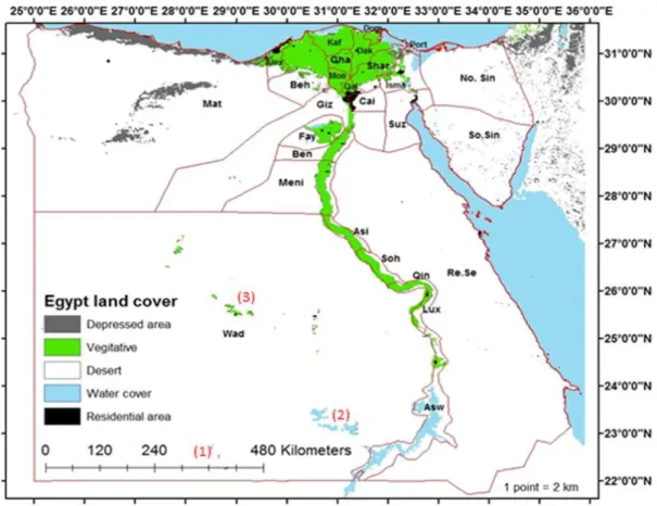 Figure 1. Land cover and boundary distributions of Agro-ecosystem and governorates of Egypt,  obtained from DIVA-GIS.com