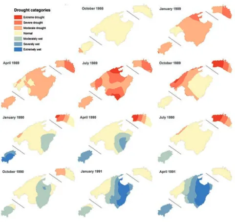 Figure 6. Spatial patterns of the SPI-12 series during 1999-2001 major drought episode.