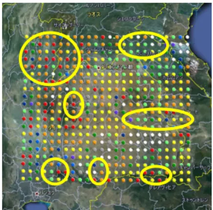 Figure 10 shows the simulation results in a 0.25-degree grid. The relative yields of rice and cassava  are shown on the map by color for the case in which rice is transplanted on August 1 and its maximum  cultivation period is 4 months, and cassava is plan