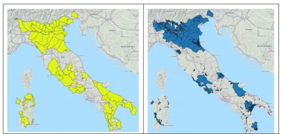 Figure 2. Water Boards involved in the project (left) and Irriframe services coverage of the  irrigable areas in Italy (right) 
