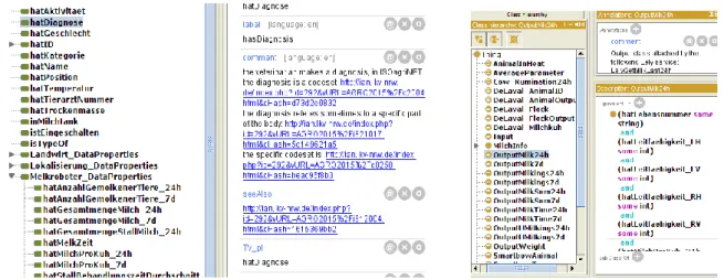 Figure 4. 1st phase DFO a) including comments to reference ADED, b) focus on defined classes for  Plugin Services (Protégé Editor) 