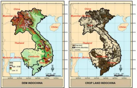 Figure 1. (a) SRTM Digital Elevation Model (DEM) (b) GLCC Crop land over Indochina  Peninsula.
