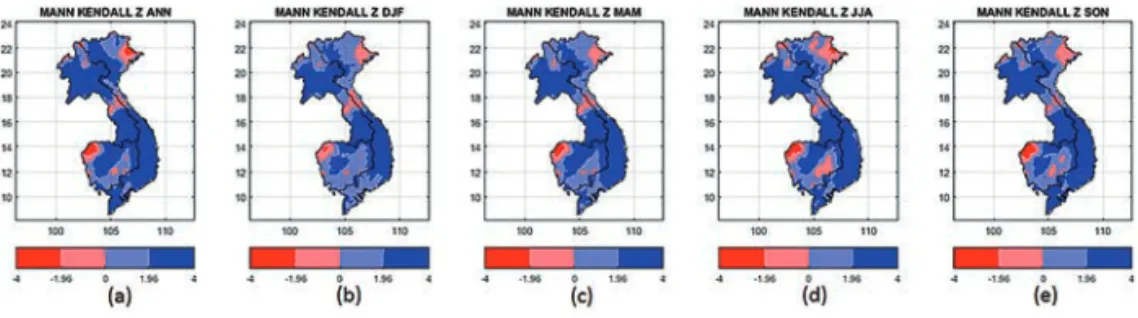 Figure 4. SPI Modified Mann Kendall trend test Z: (a) Annual (b) DJF (c) MAM (d) JJA (e) SON  over Indochina Peninsula.