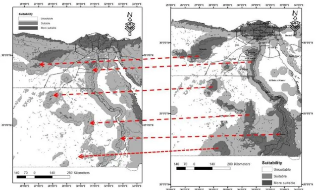 Figure 9. Future suitability map (left) and current suitability map (right). Areas with clear  variations were denoted by red arrows